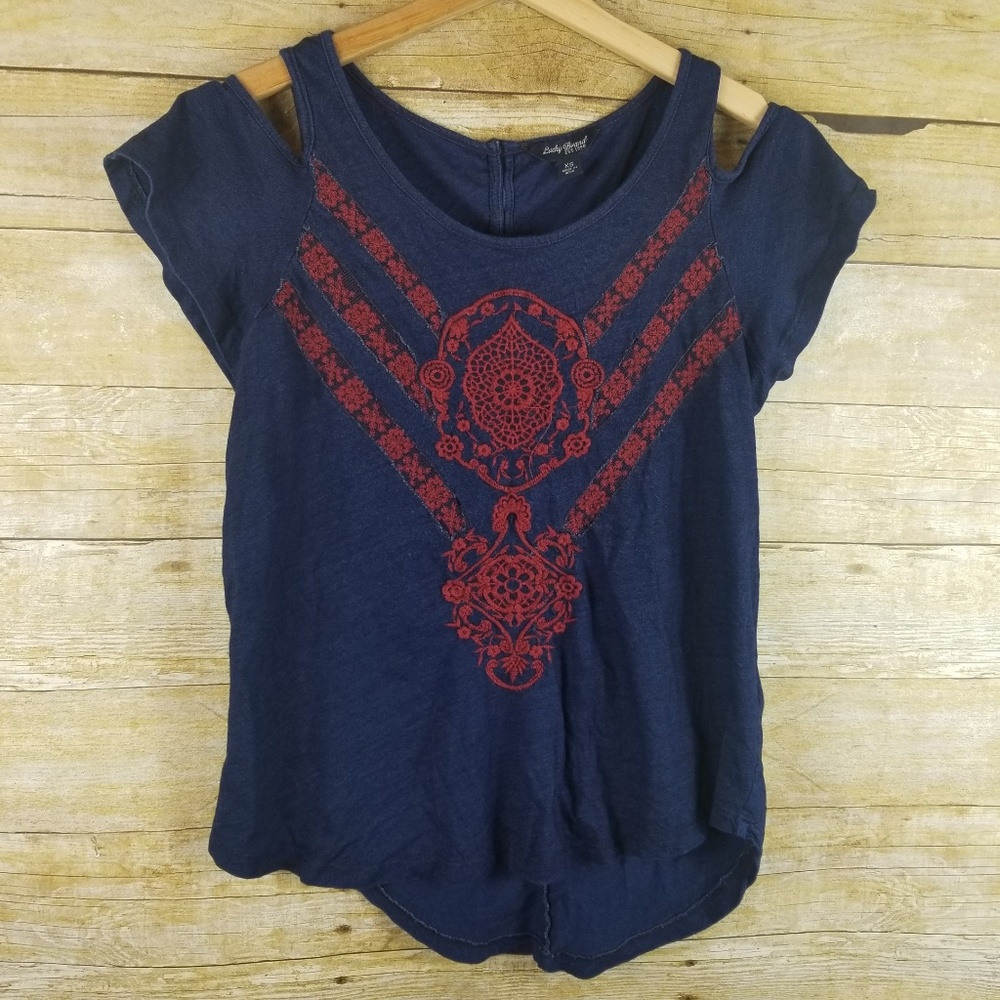 LUCKY BRAND Blue Red Embroidered Lace Short Sleeve
